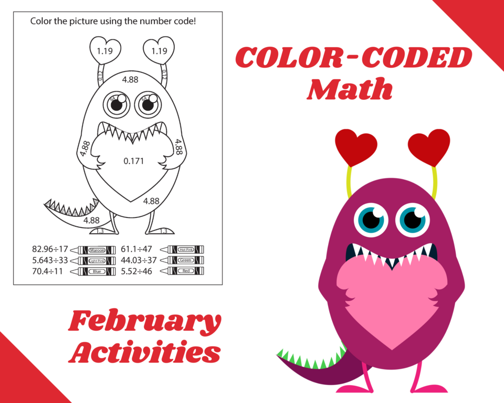 Valentine's Day color-coded math worksheet