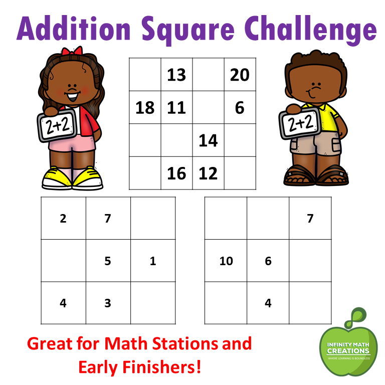 Math Addition Squares Challenge Work Sheets