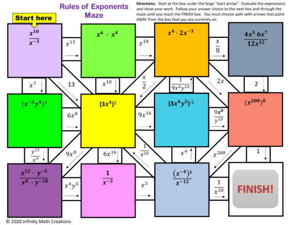 Rules Of Exponents Maze Challenge Riles Of Exponents Maze Infinity Math Creations